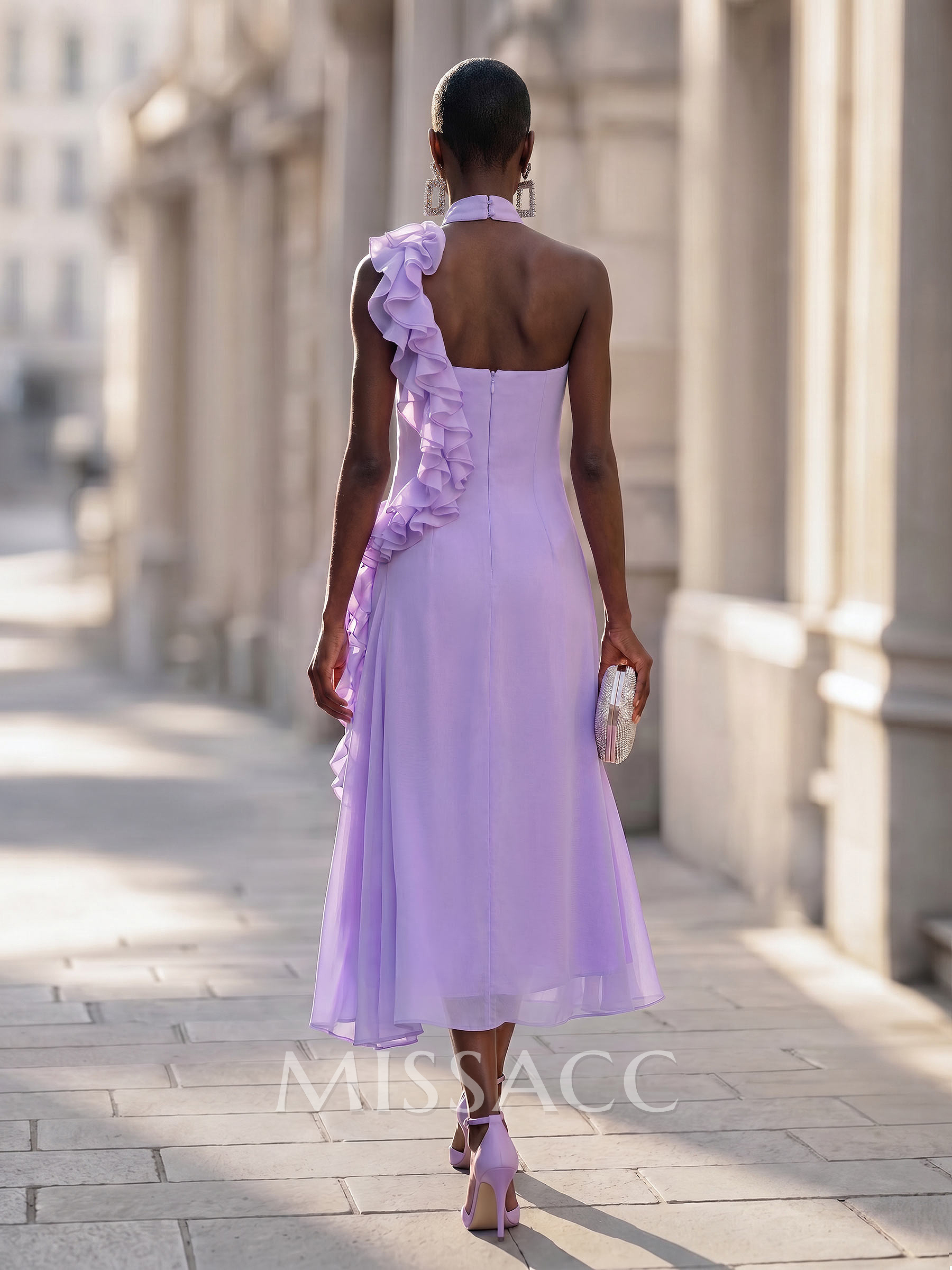 Elegant High Neck Sleeveless Mermaid Ankle-Length 30D Chiffon Cocktail Dresses With Cascading Ruffles Elegant High Neck Sleeveless Mermaid Ankle-Length 30D Chiffon Cocktail Dresses With Cascading Ruffles