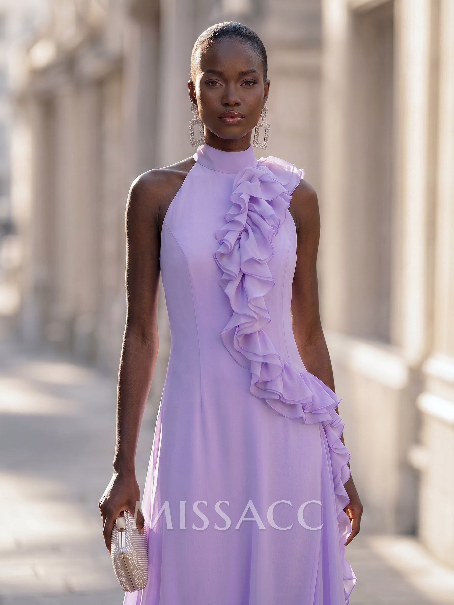 Elegant High Neck Sleeveless Mermaid Ankle-Length 30D Chiffon Cocktail Dresses With Cascading Ruffles Elegant High Neck Sleeveless Mermaid Ankle-Length 30D Chiffon Cocktail Dresses With Cascading Ruffles