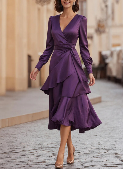 A-Line V-Neck Long Sleeves Tea-Length Silk Like Satin Cocktail Dresses With Cascading Ruffles