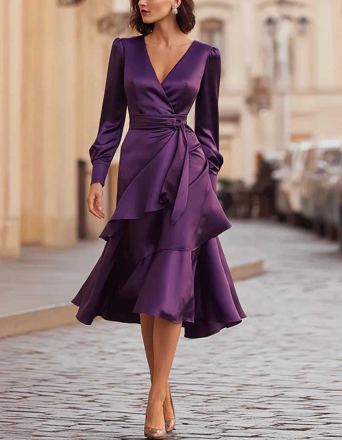 A-Line V-Neck Long Sleeves Tea-Length Silk Like Satin Cocktail Dresses With Cascading Ruffles