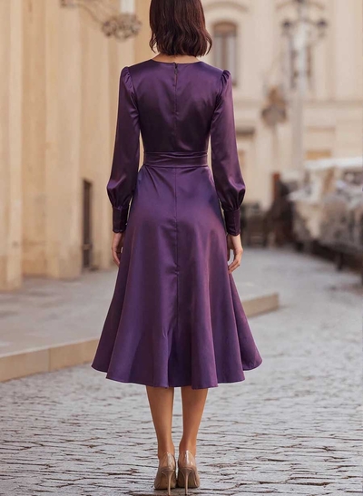 A-Line V-Neck Long Sleeves Tea-Length Silk Like Satin Cocktail Dresses With Cascading Ruffles