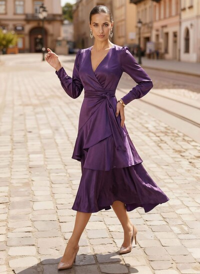 A-Line V-Neck Long Sleeves Tea-Length Silk Like Satin Cocktail Dresses With Cascading Ruffles