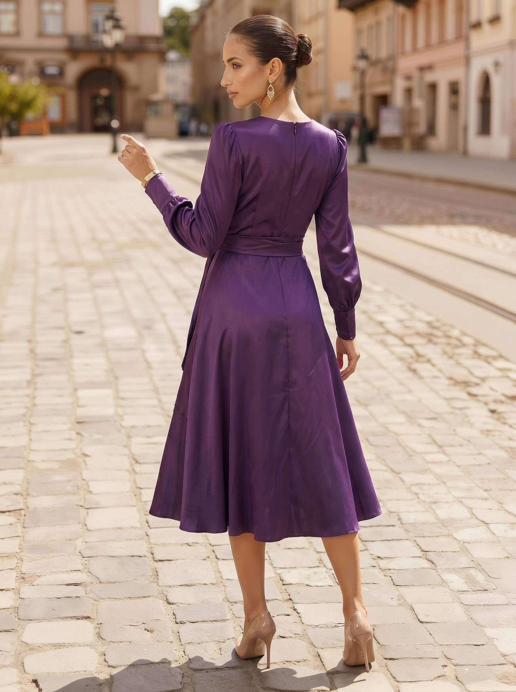 A-Line V-Neck Long Sleeves Tea-Length Silk Like Satin Cocktail Dresses With Cascading Ruffles