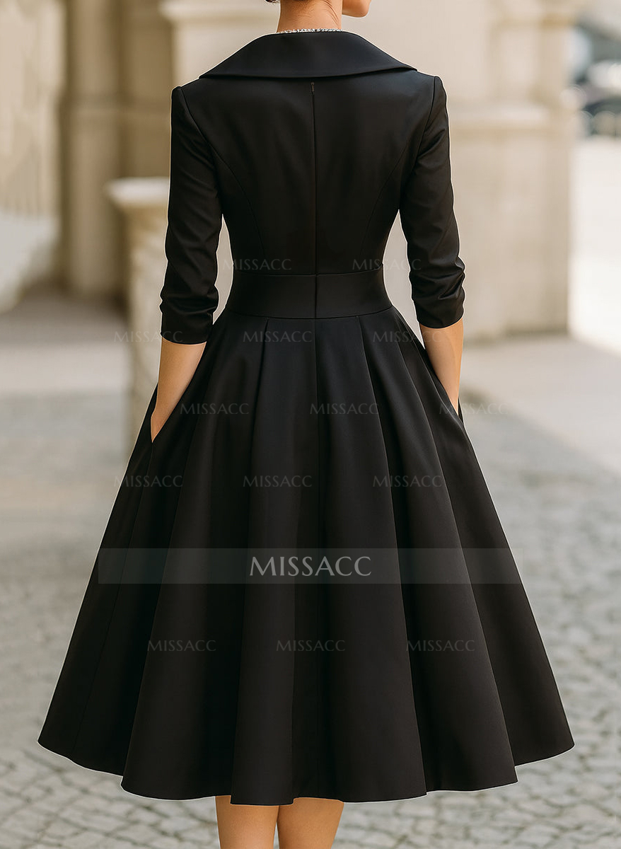 A-Line V-Neck 3/4 Sleeves Tea-Length Satin Cocktail Dresses With Pockets