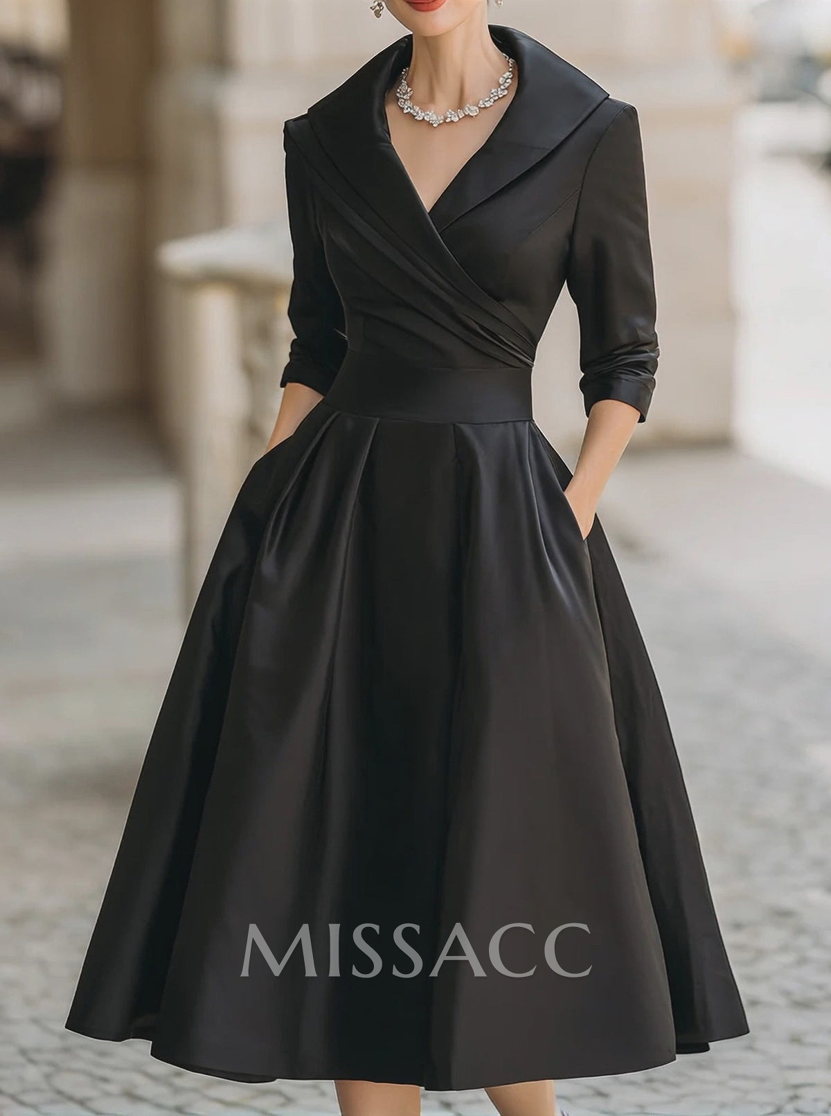 A-Line V-Neck 3/4 Sleeves Tea-Length Satin Cocktail Dresses With Pockets