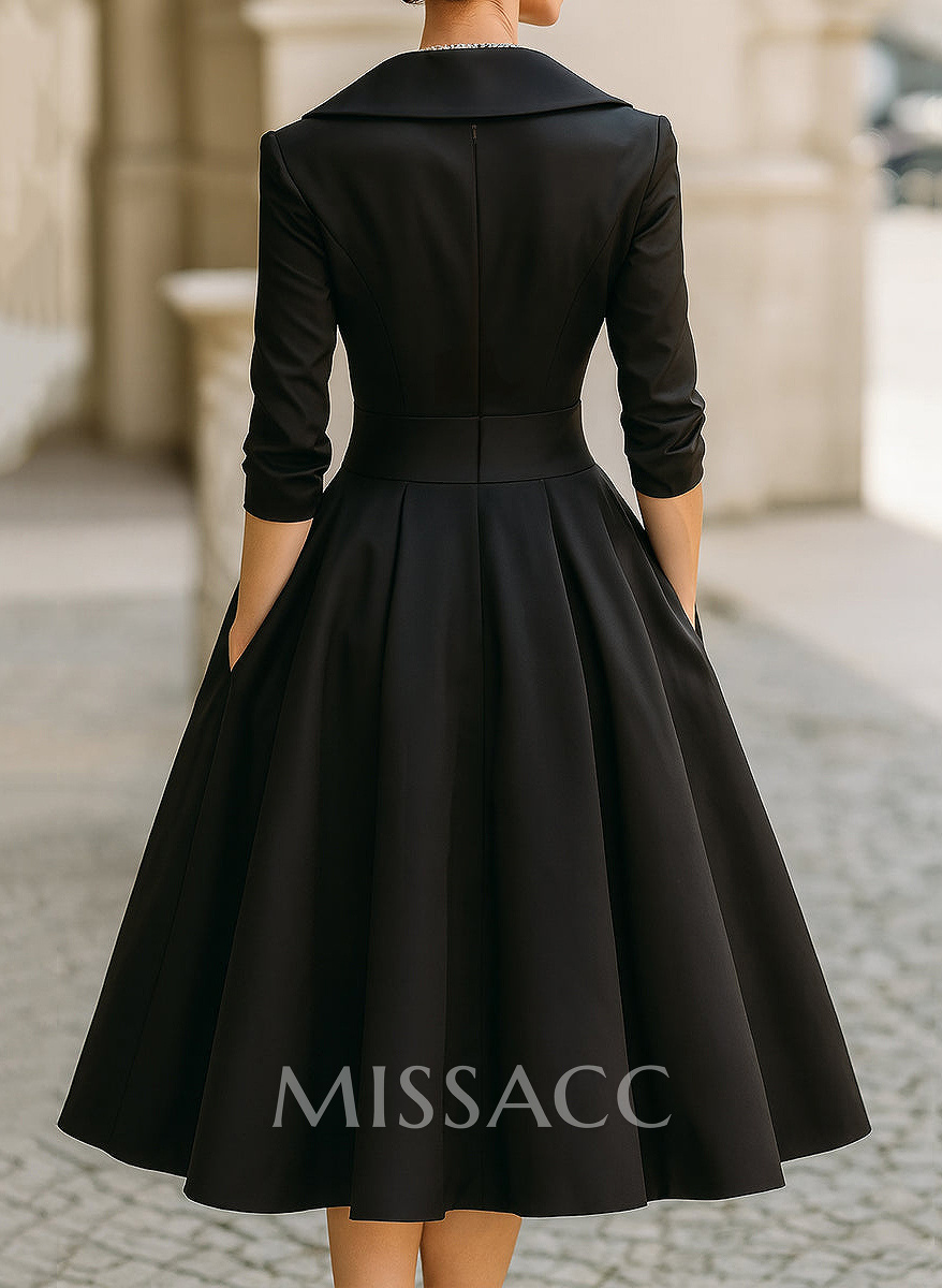 A-Line V-Neck 3/4 Sleeves Tea-Length Satin Cocktail Dresses With Pockets