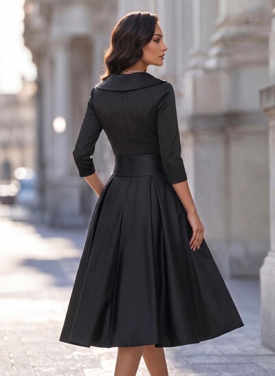 A-Line V-Neck 3/4 Sleeves Tea-Length Satin Cocktail Dresses With Pockets