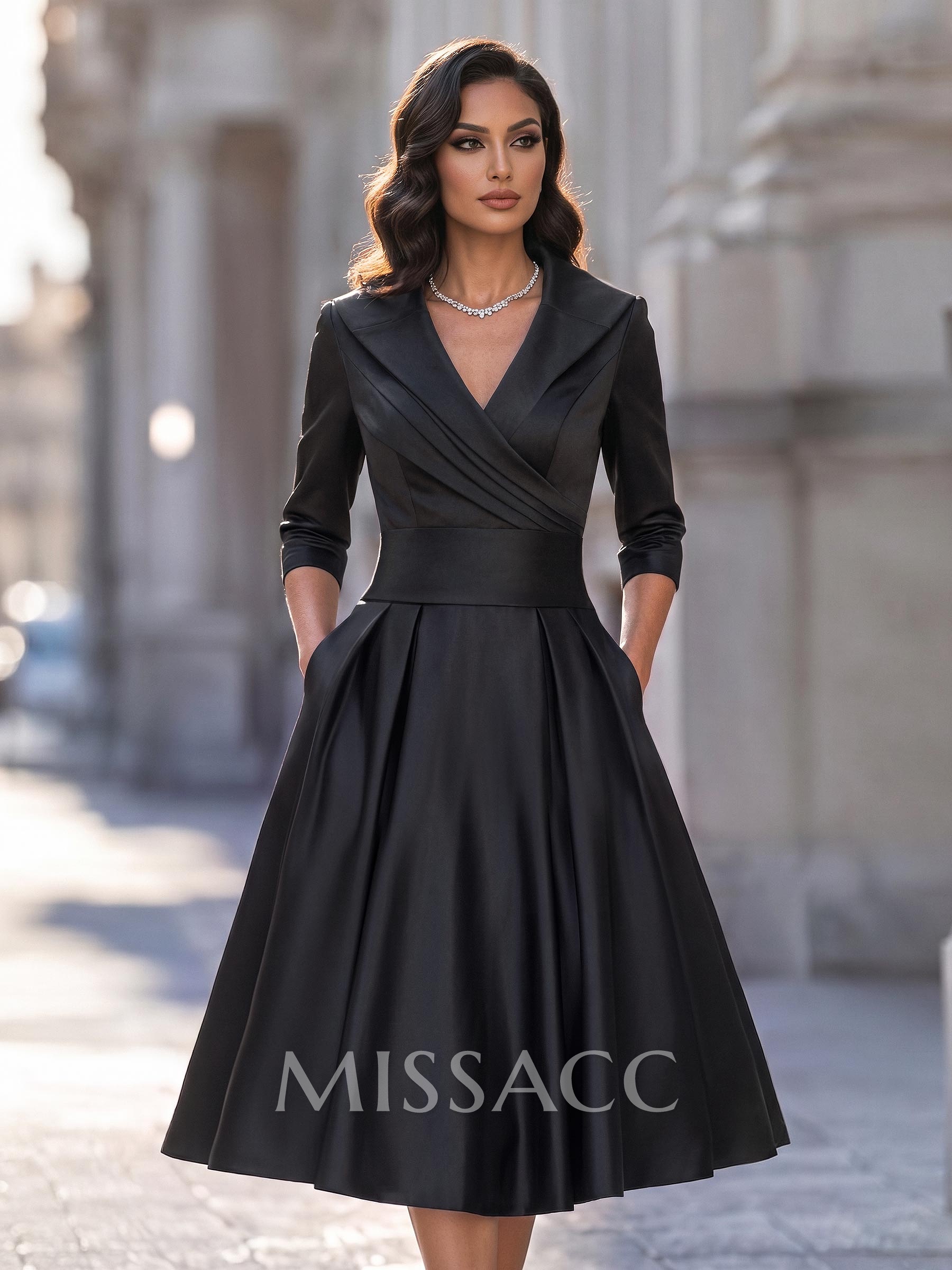 A-Line V-Neck 3/4 Sleeves Tea-Length Satin Cocktail Dresses With Pockets