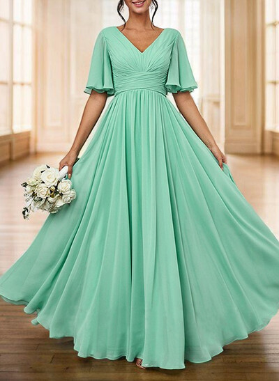 Elegant V-Neck Short Sleeves A-Line Floor-Length Chiffon Evening Dresses With Pleated