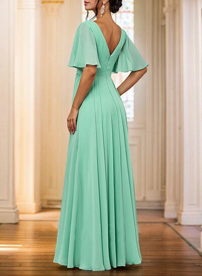 Elegant V-Neck Short Sleeves A-Line Floor-Length Chiffon Evening Dresses With Pleated