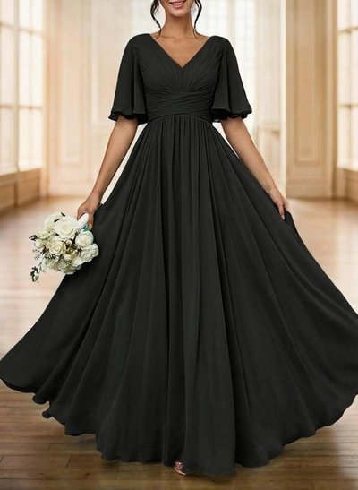 Elegant V-Neck Short Sleeves A-Line Floor-Length Chiffon Evening Dresses With Pleated