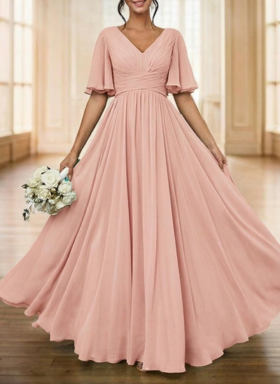 Elegant V-Neck Short Sleeves A-Line Floor-Length Chiffon Evening Dresses With Pleated