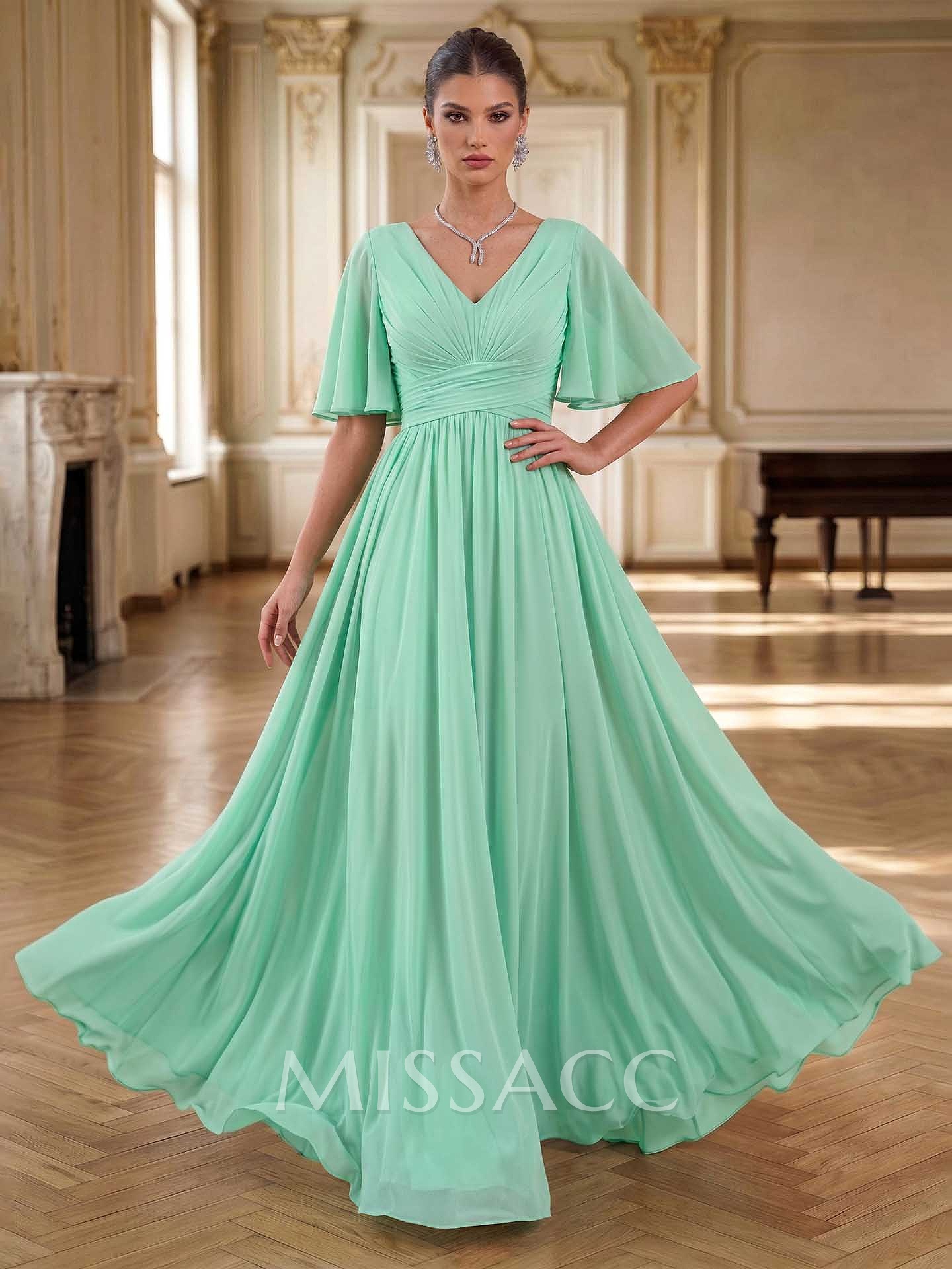 Elegant V-Neck Short Sleeves A-Line Floor-Length Chiffon Evening Dresses With Pleated