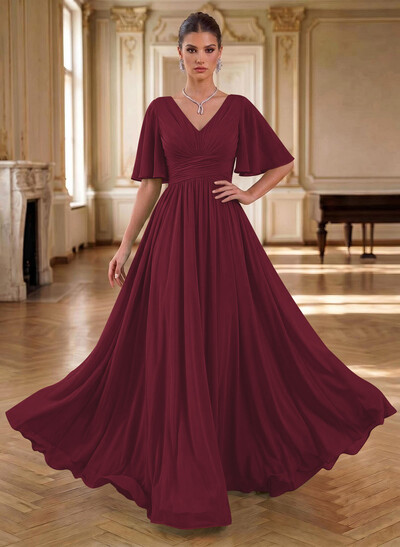 Elegant V-Neck Short Sleeves A-Line Floor-Length Chiffon Evening Dresses With Pleated