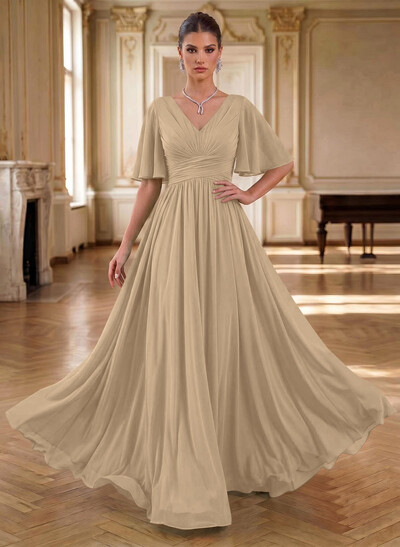 Elegant V-Neck Short Sleeves A-Line Floor-Length Chiffon Evening Dresses With Pleated