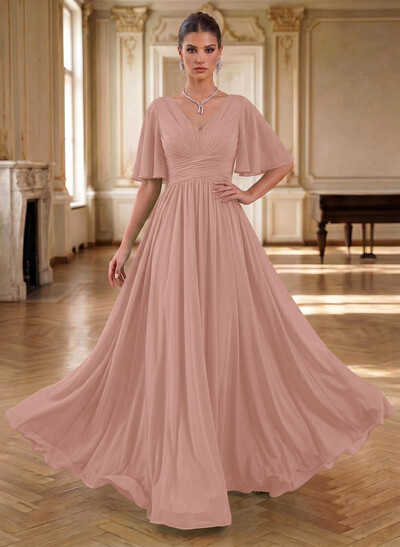 Elegant V-Neck Short Sleeves A-Line Floor-Length Chiffon Evening Dresses With Pleated