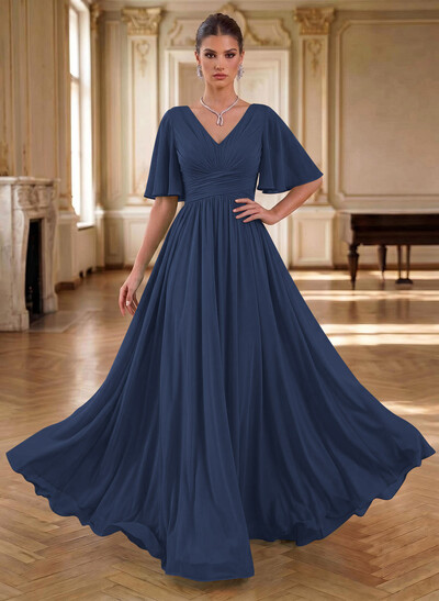 Elegant V-Neck Short Sleeves A-Line Floor-Length Chiffon Evening Dresses With Pleated