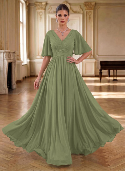 Elegant V-Neck Short Sleeves A-Line Floor-Length Chiffon Evening Dresses With Pleated