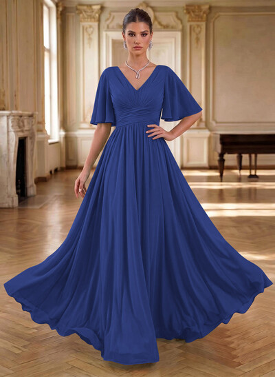 Elegant V-Neck Short Sleeves A-Line Floor-Length Chiffon Evening Dresses With Pleated