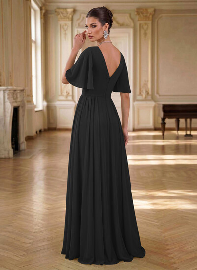 Elegant V-Neck Short Sleeves A-Line Floor-Length Chiffon Evening Dresses With Pleated