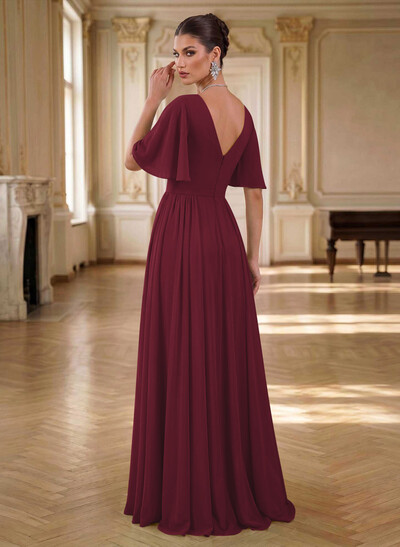 Elegant V-Neck Short Sleeves A-Line Floor-Length Chiffon Evening Dresses With Pleated