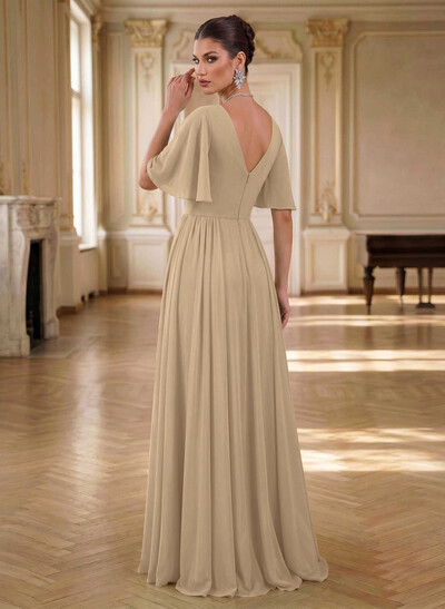 Elegant V-Neck Short Sleeves A-Line Floor-Length Chiffon Evening Dresses With Pleated
