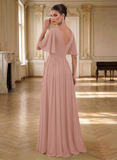 Elegant V-Neck Short Sleeves A-Line Floor-Length Chiffon Evening Dresses With Pleated