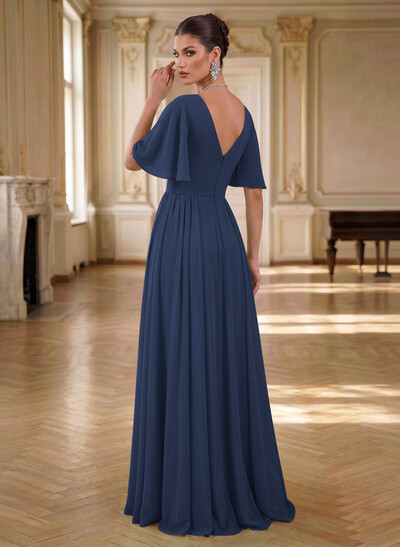 Elegant V-Neck Short Sleeves A-Line Floor-Length Chiffon Evening Dresses With Pleated
