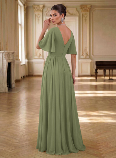 Elegant V-Neck Short Sleeves A-Line Floor-Length Chiffon Evening Dresses With Pleated