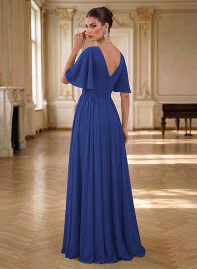 Elegant V-Neck Short Sleeves A-Line Floor-Length Chiffon Evening Dresses With Pleated
