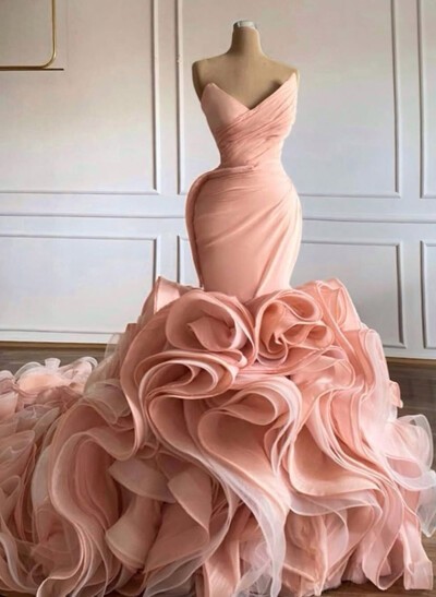 Elegant Off-The-Shoulder Sleeveless Mermaid Chapel Train Organza Evening Dresses With Ruffle/Pleated