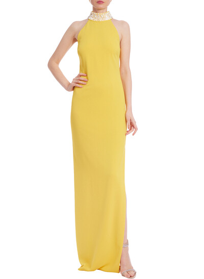 Elegant High Neck Sleeveless Floor-Length Crepe Satin Evening Dresses With Beading/High Split