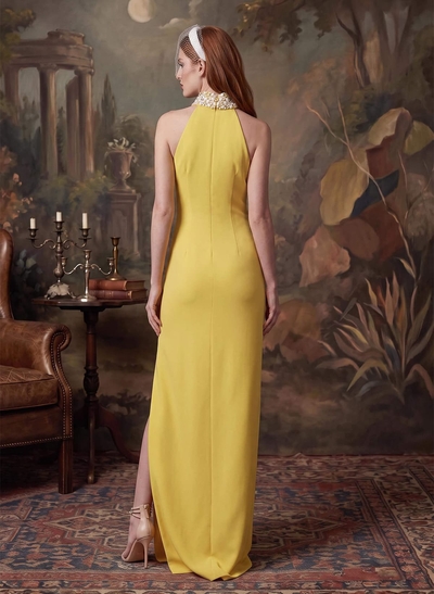 Elegant High Neck Sleeveless Floor-Length Crepe Satin Evening Dresses With Beading/High Split