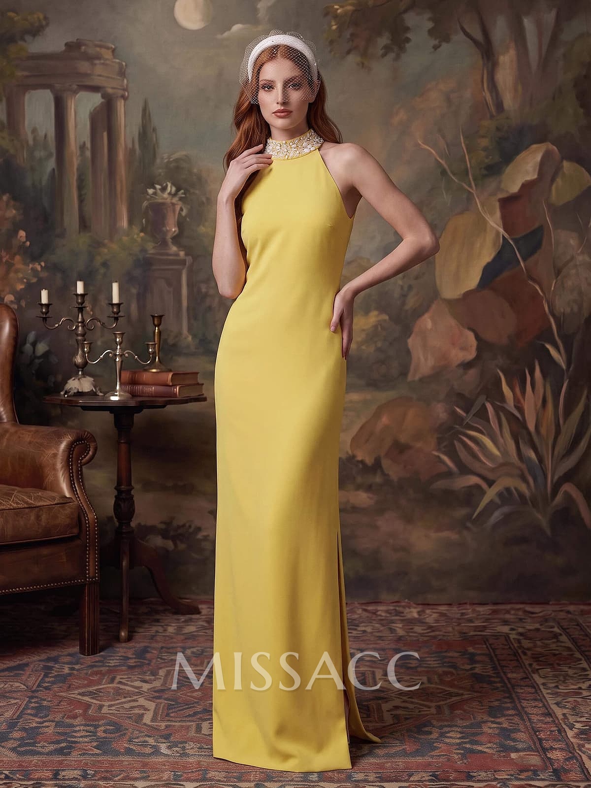 Elegant High Neck Sleeveless Floor-Length Crepe Satin Evening Dresses With Beading/High Split