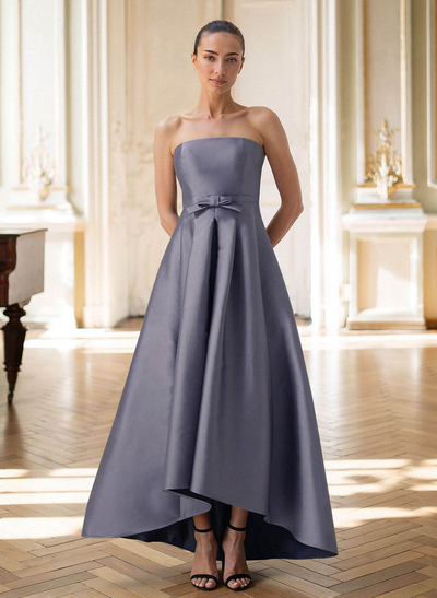 Elegant Strapless Sleeveless A-Line Asymmetrical Length Satin Evening Dresses With Bow(s)