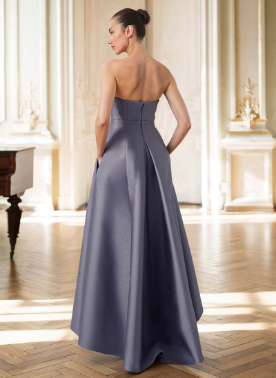 Elegant Strapless Sleeveless A-Line Asymmetrical Length Satin Evening Dresses With Bow(s)