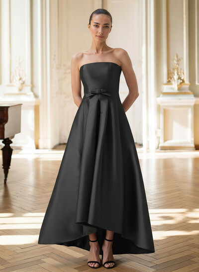 Elegant Strapless Sleeveless A-Line Asymmetrical Length Satin Evening Dresses With Bow(s)