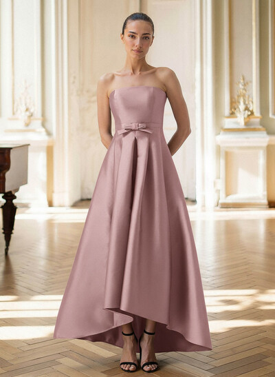 Elegant Strapless Sleeveless A-Line Asymmetrical Length Satin Evening Dresses With Bow(s)