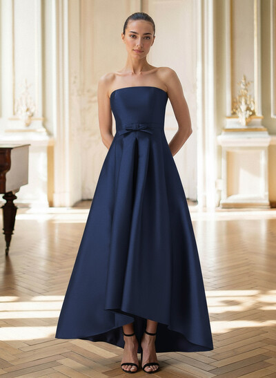 Elegant Strapless Sleeveless A-Line Asymmetrical Length Satin Evening Dresses With Bow(s)