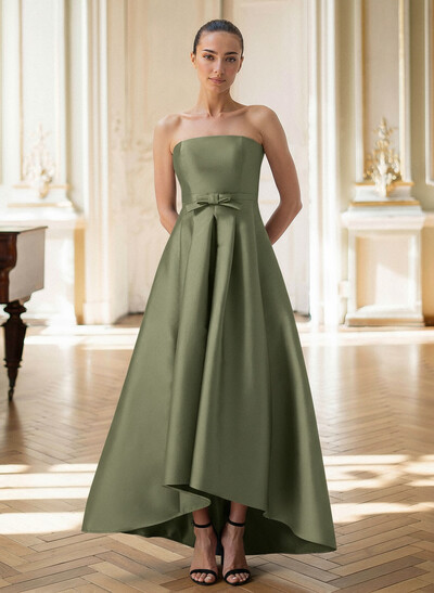 Elegant Strapless Sleeveless A-Line Asymmetrical Length Satin Evening Dresses With Bow(s)