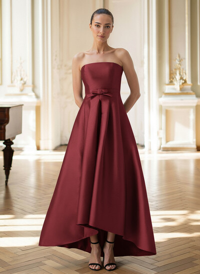 Elegant Strapless Sleeveless A-Line Asymmetrical Length Satin Evening Dresses With Bow(s)