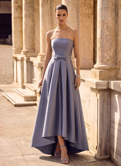 Elegant Strapless Sleeveless A-Line Asymmetrical Length Satin Evening Dresses With Bow(s)