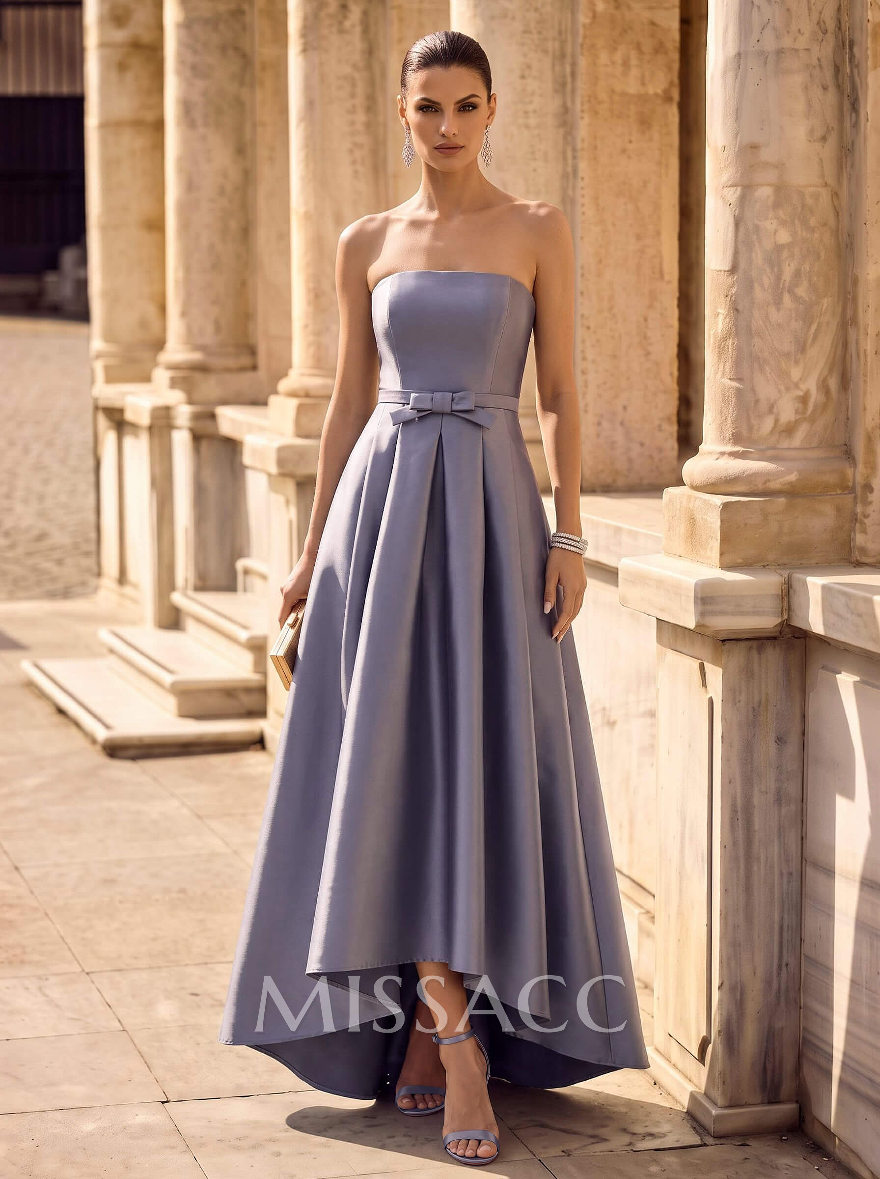 Elegant Strapless Sleeveless A-Line Asymmetrical Length Satin Evening Dresses With Bow(s) Elegant Strapless Sleeveless A-Line Asymmetrical Length Satin Evening Dresses With Bow(s)
