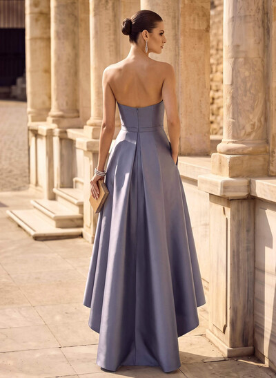 Elegant Strapless Sleeveless A-Line Asymmetrical Length Satin Evening Dresses With Bow(s)