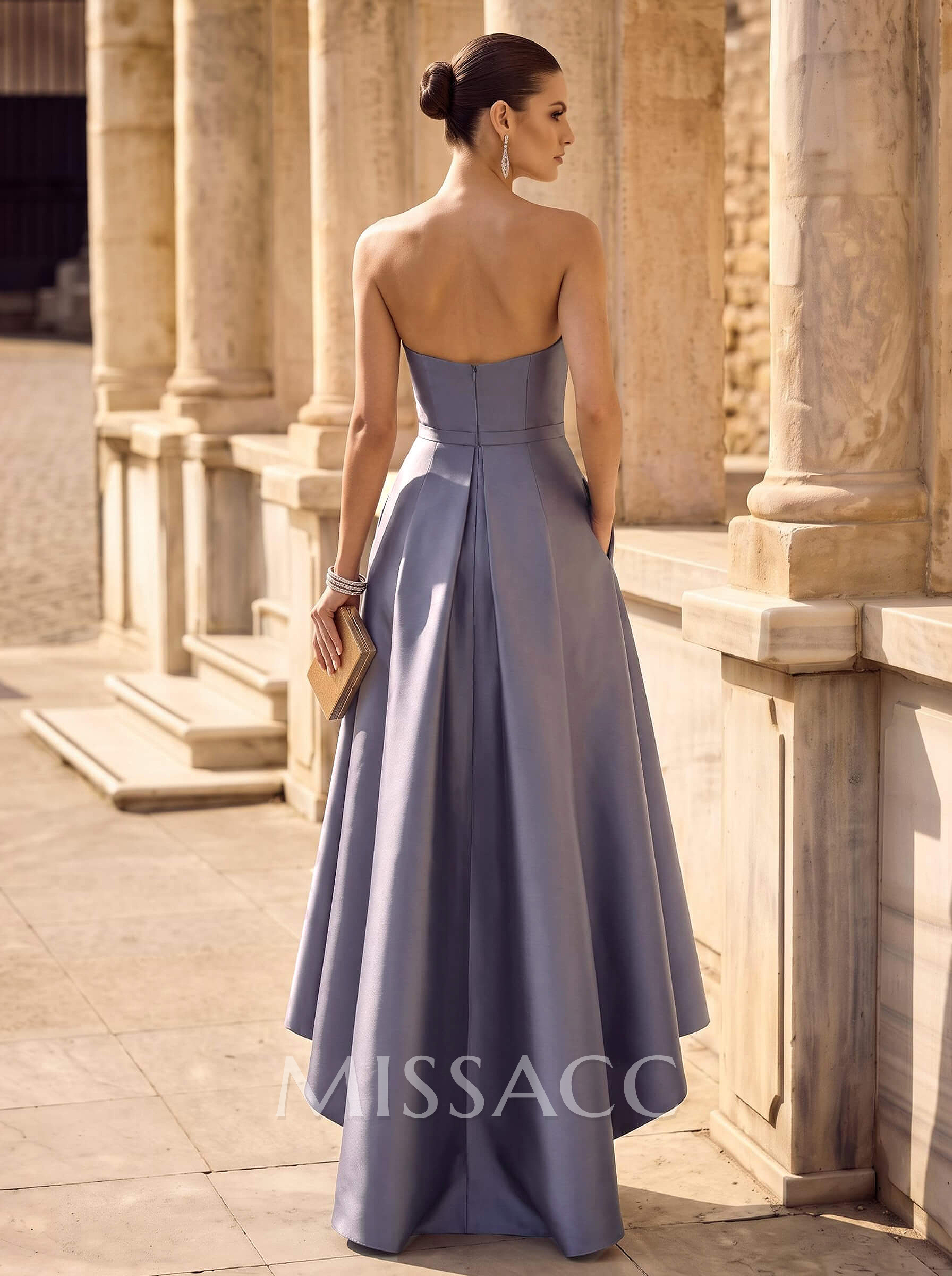 Elegant Strapless Sleeveless A-Line Asymmetrical Length Satin Evening Dresses With Bow(s) Elegant Strapless Sleeveless A-Line Asymmetrical Length Satin Evening Dresses With Bow(s)