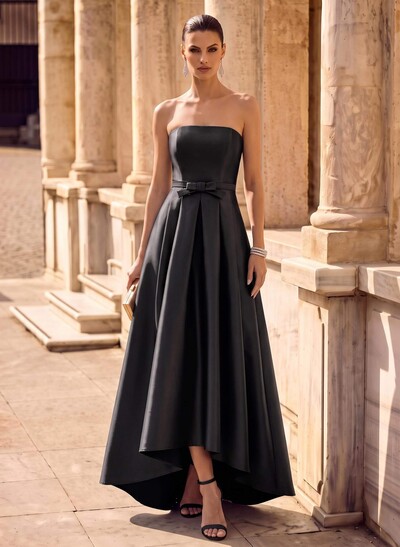 Elegant Strapless Sleeveless A-Line Asymmetrical Length Satin Evening Dresses With Bow(s)