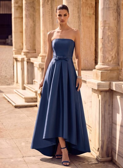 Elegant Strapless Sleeveless A-Line Asymmetrical Length Satin Evening Dresses With Bow(s)