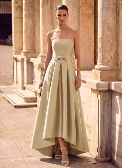 Elegant Strapless Sleeveless A-Line Asymmetrical Length Satin Evening Dresses With Bow(s)