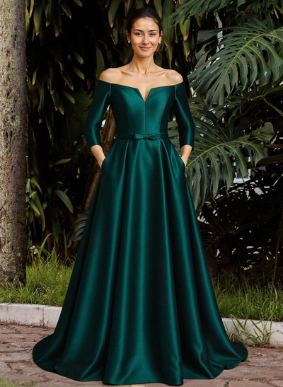Elegant Off-The-Shoulder 3/4 Sleeves A-Line Sweep Train Satin Evening Dresses With Bow(s)