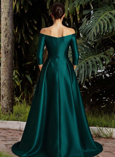 Elegant Off-The-Shoulder 3/4 Sleeves A-Line Sweep Train Satin Evening Dresses With Bow(s)